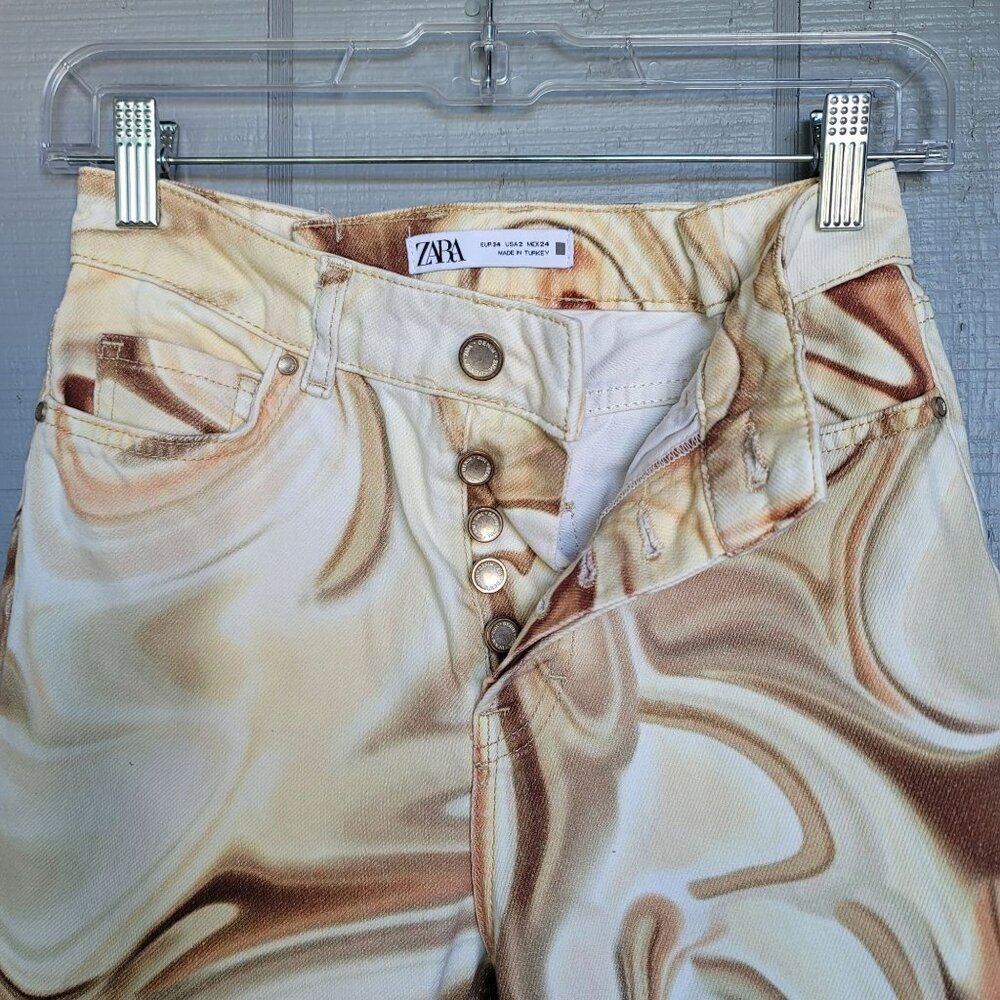 Zara Mid-Rise Abstract Swirl Print Straight-Leg Jeans. Size 2 - Picture 6 of 9